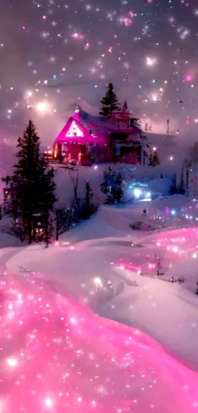 Cozy cabin in a glowing pink winter landscape with sparkling snow.