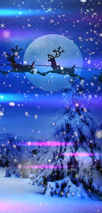 Enchanting winter scene with Santa and flying reindeer in snowy night.