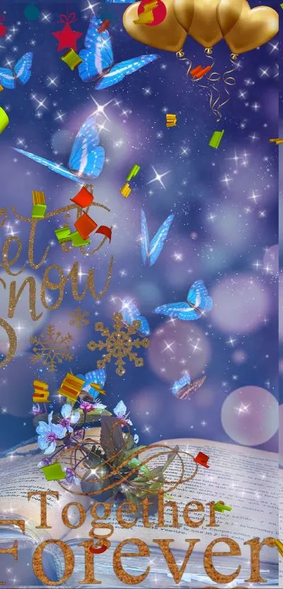 Blue butterfly winter wallpaper with gold text and festive balloons.