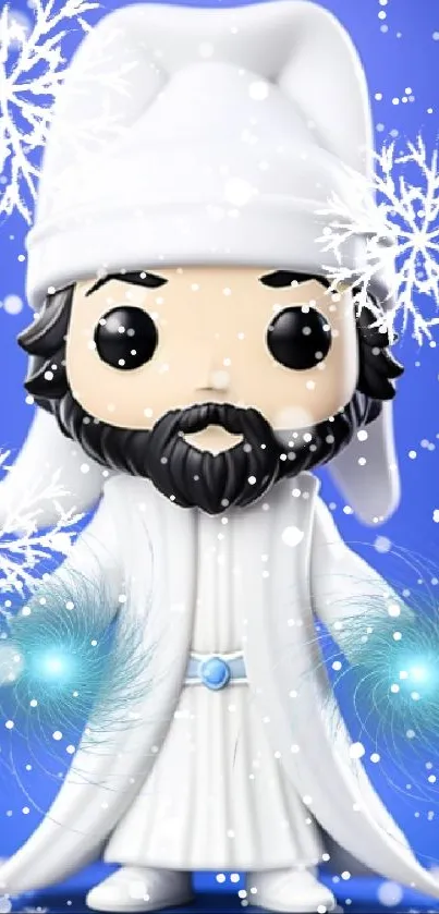 Magical pop art figure with snowy aura on blue background.