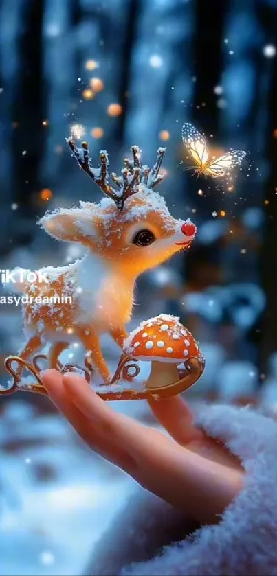 Magical winter reindeer fantasy with glowing butterfly.