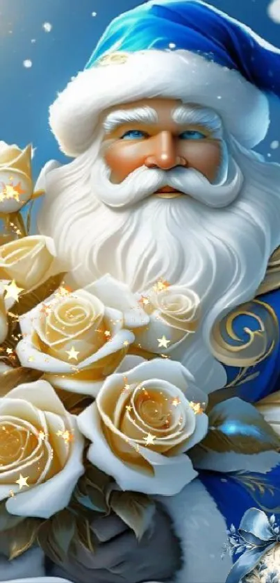 Santa with golden roses in snowy winter background, wearing blue coat.