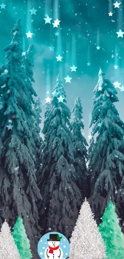 Winter forest with snowflakes and glowing stars under a teal sky.