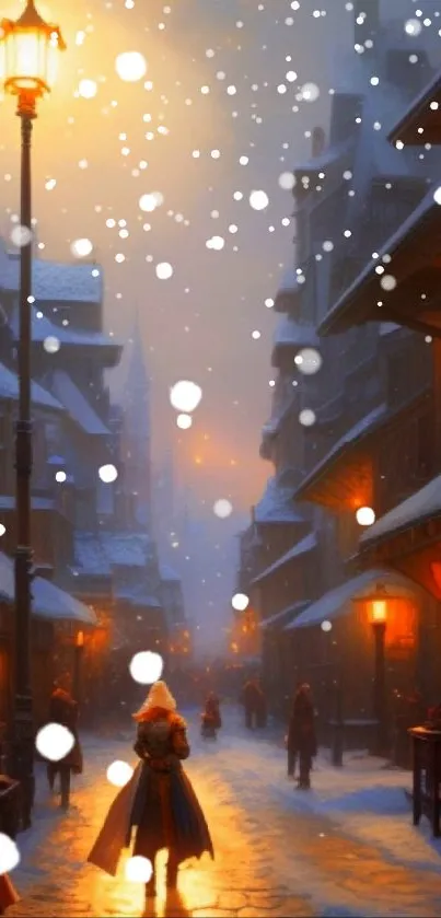 Magical winter street with glowing lights and snowfall.