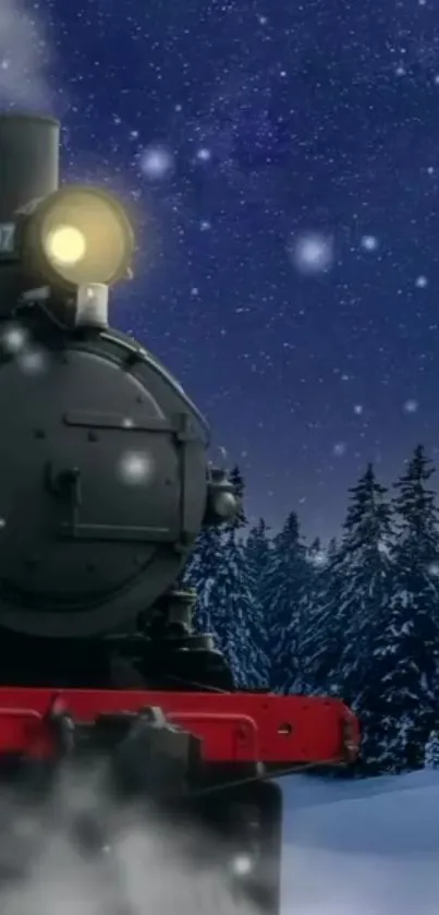 Vintage steam train under a starry winter sky with snow and forest backdrop.