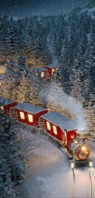 Snowy train journey through winter forest with glowing lights.