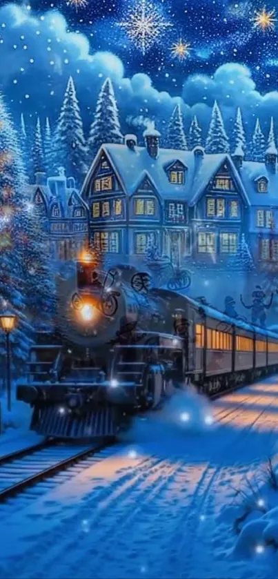 Magical train journey through snowy village at night.