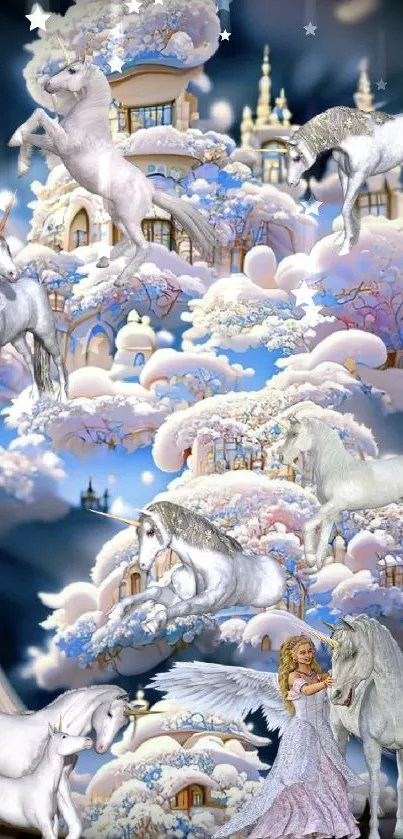 Magical unicorns in a snowy castle fantasy landscape.