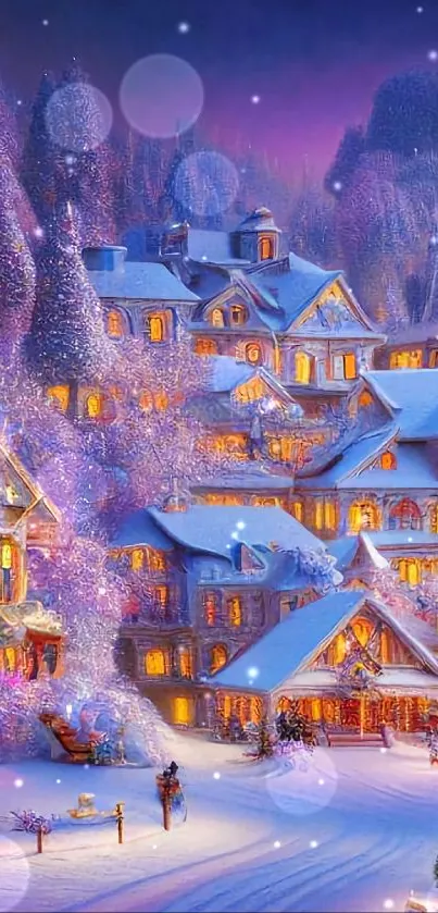 Dreamy winter village scene with snow-covered rooftops and glowing lights.