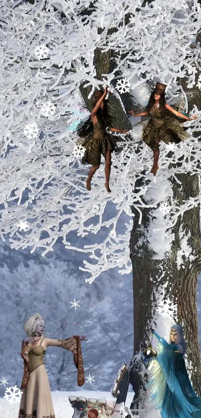 Fairy tale scene with snow and fairies on a winter tree.