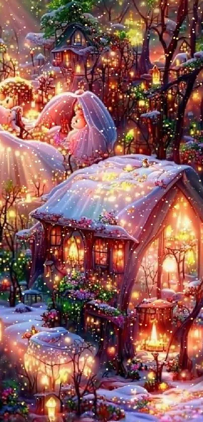 Magical winter village with lights and snow-covered cottages.