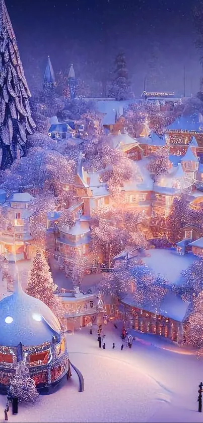 Enchanting snow-covered village at night with glowing lights and trees.