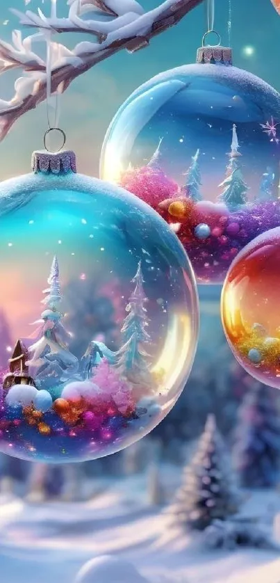 Whimsical winter landscape inside glass globes with snowy trees and sunset glow.