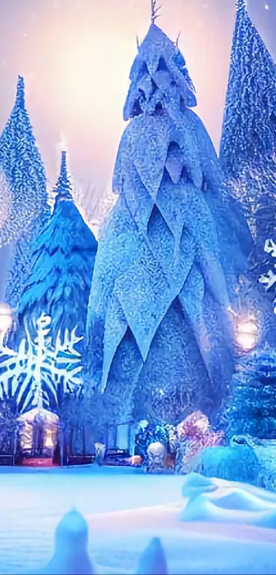 Magical snowy winter scene with glowing lights and frosted trees.