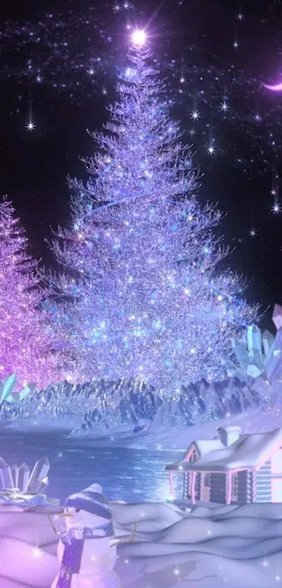 Lavender night with snow-covered trees, stars, and a cozy cabin.