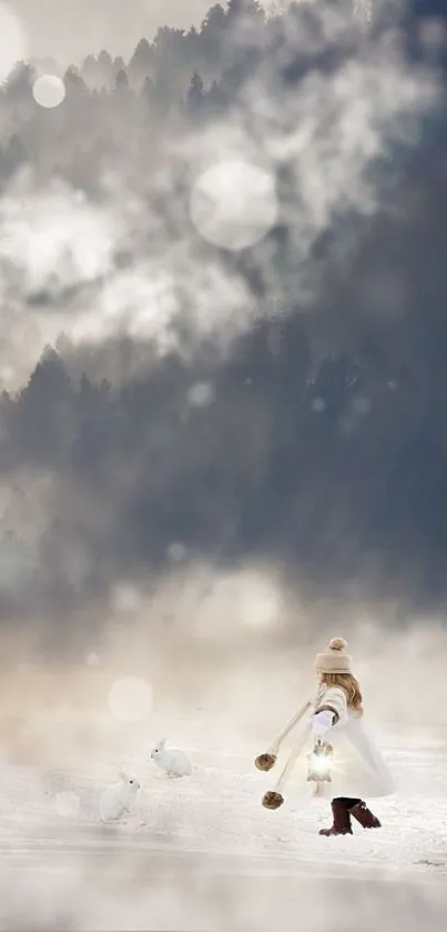 A serene winter scene with a child and snow bunnies in a forest.