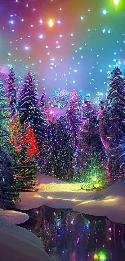 Magical winter forest with colorful lights and snow.