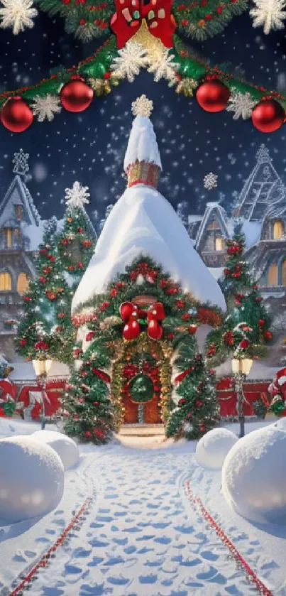 Charming Christmas village in snow with festive decorations.