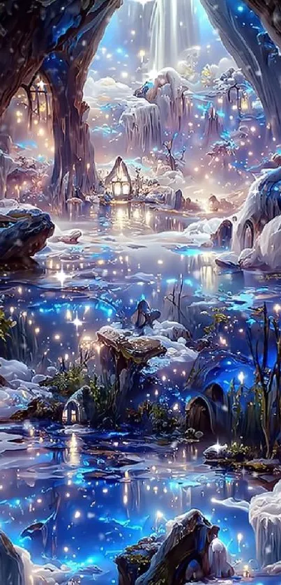 Magical winter wonderland with luminous landscapes and twinkling lights.