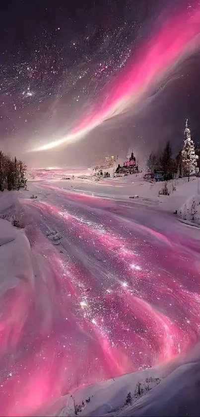 Enchanting pink aurora lights up a snowy winter landscape.