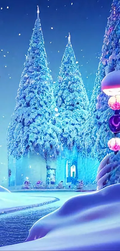 Magical winter landscape with snow-covered trees and glowing lanterns in a serene setting.