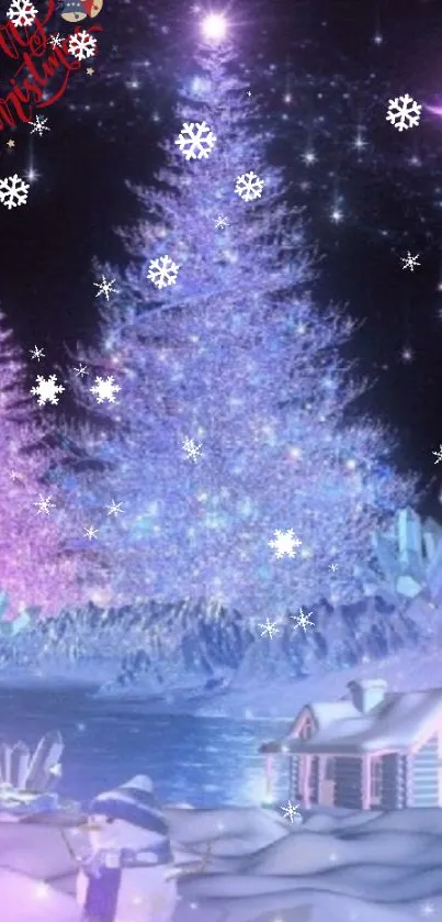 Magical winter scene with a luminous Christmas tree under a starry sky.