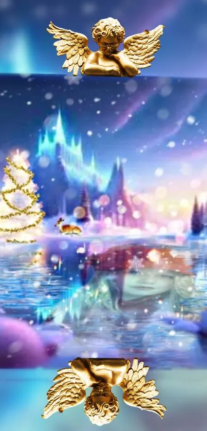 Magical winter scene with icy lake and festive tree.