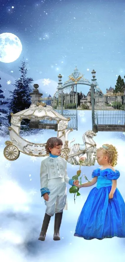 Fantasy winter scene with children near a gate and carriage under a moonlit sky.