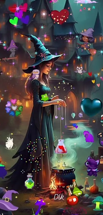 Whimsical witch casting a spell next to a cauldron in fantasy artwork.