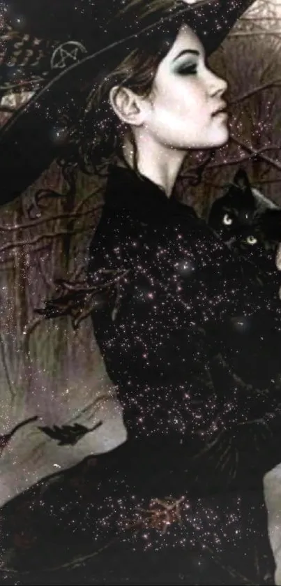 Gothic witch in forest with black cat and swirling leaves.