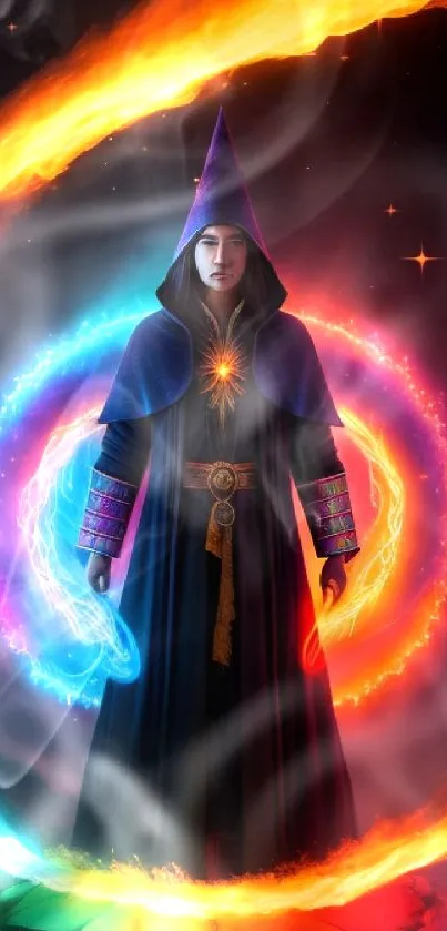 Wizard surrounded by colorful magical orbs in a mystical setting.