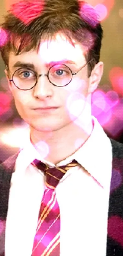 A famous young wizard with glasses in a robe and tie.