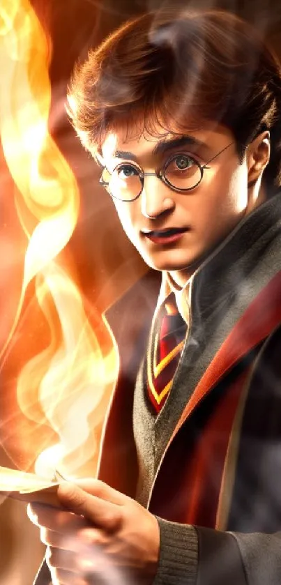 A young wizard performing magic with flames on a mobile wallpaper.