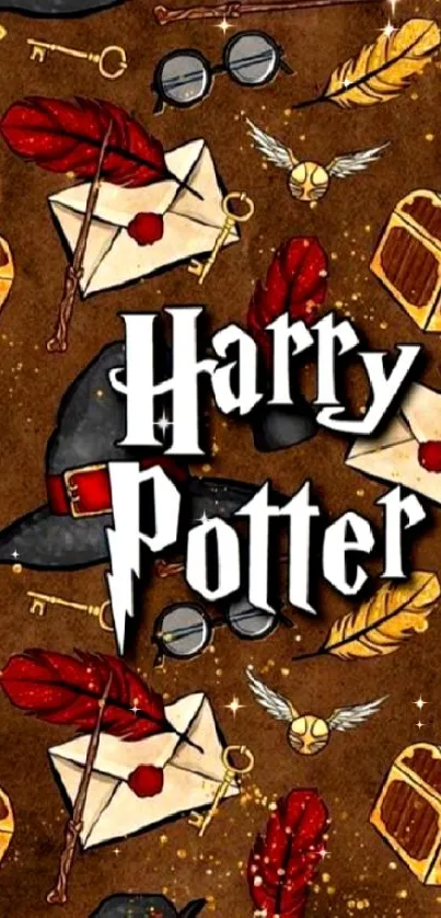 Harry Potter themed wallpaper with magical elements on a brown background.