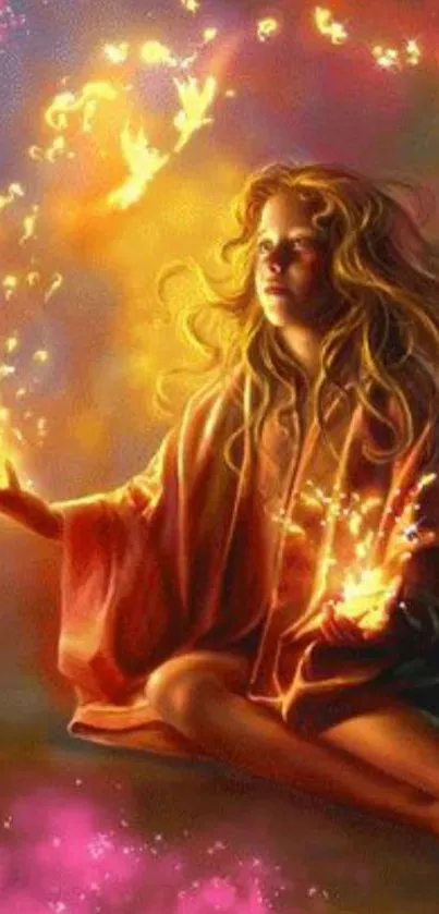 Magical woman with fire in a fantasy art wallpaper scene.