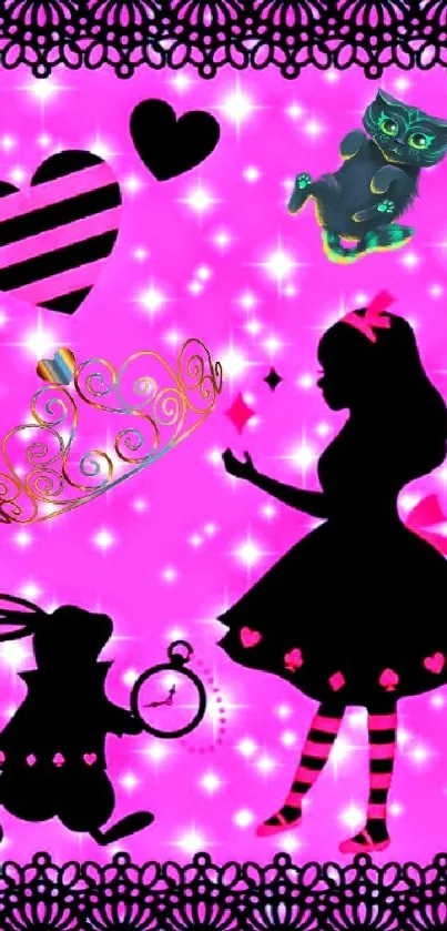 Whimsical silhouette art with pink background and magical motifs.