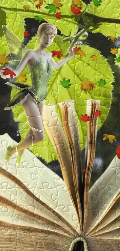 Fairy with open book and autumn leaves on a whimsical wallpaper.