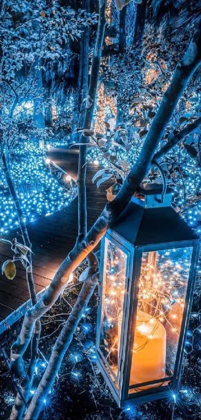 Enchanted pathway with blue fairy lights illuminating the forest.