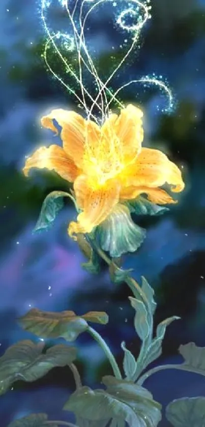 Yellow flower with sparkles on a blue background.