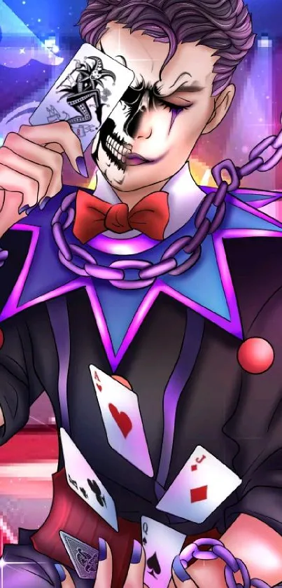 Magician in chains with cards in a vibrant purple-red wallpaper.