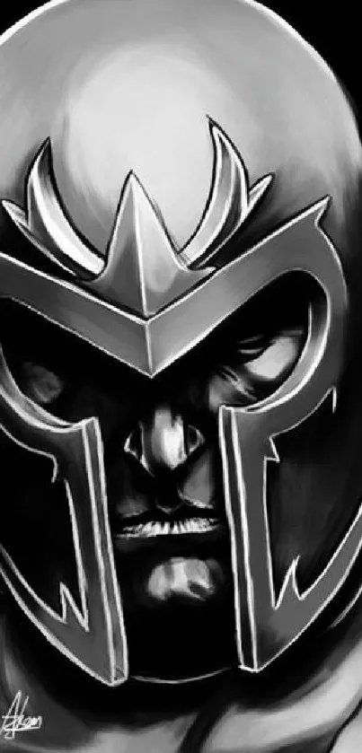 Monochrome warrior helmet art in black and white.