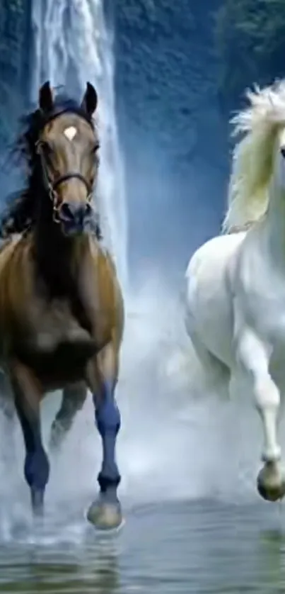 Two horses gallop through a serene waterfall scene in this captivating mobile wallpaper.