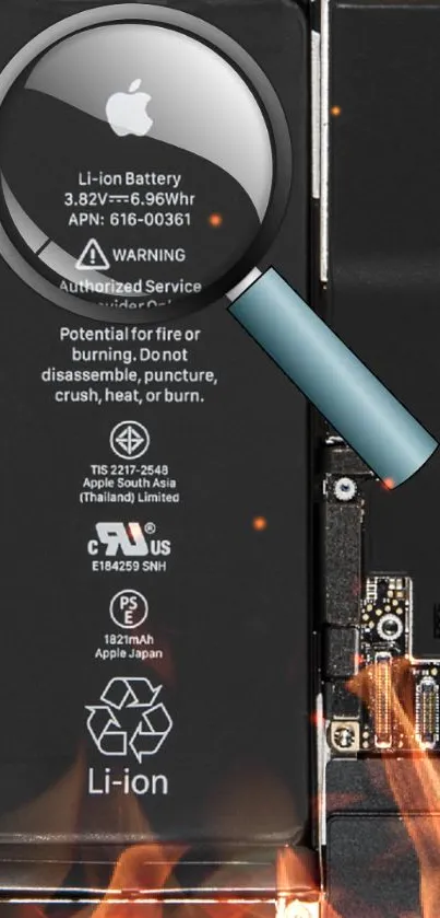 Magnified phone battery with fiery accents and tech details.