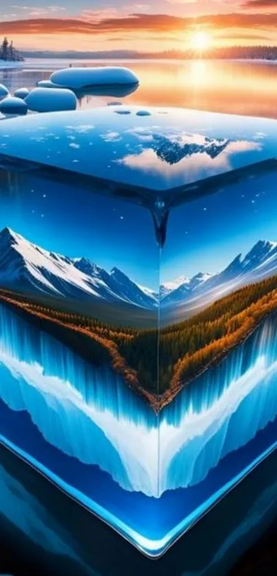 3D ice cube landscape with mountains and sunset.