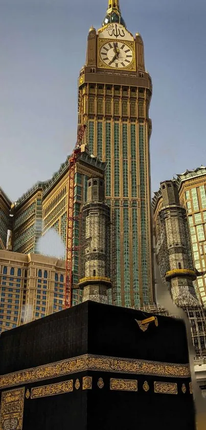 Abraj Al Bait towers with Kaaba in the foreground at Mecca's cityscape.