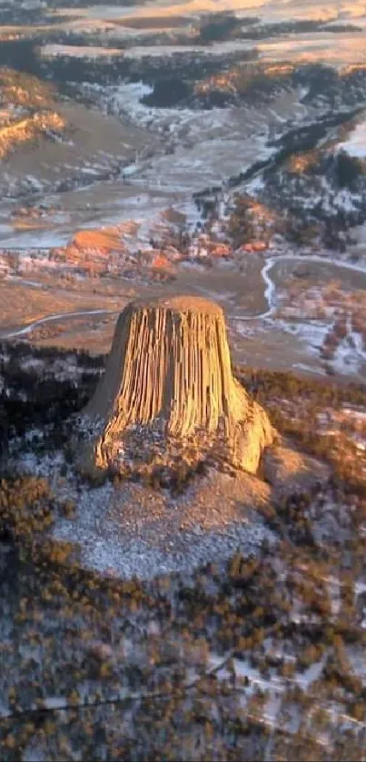 Aerial view of a majestic mountain with snow and forests below.