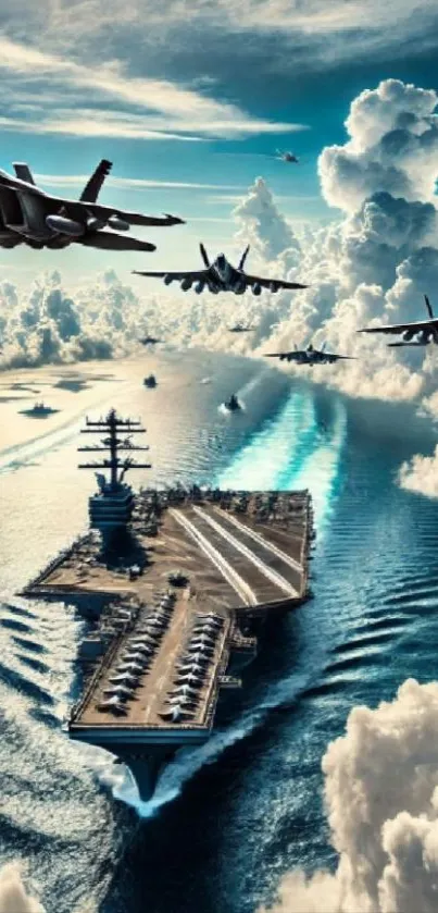 Jets fly over an aircraft carrier in the ocean under a cloud-filled sky.