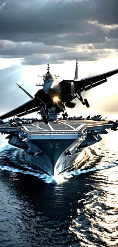 Warship sailing under dramatic sky lighting.