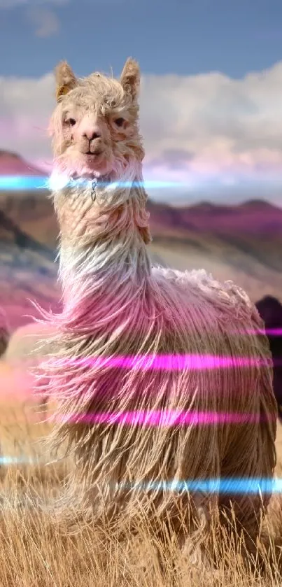 Fluffy alpaca in golden field with mountains in background.