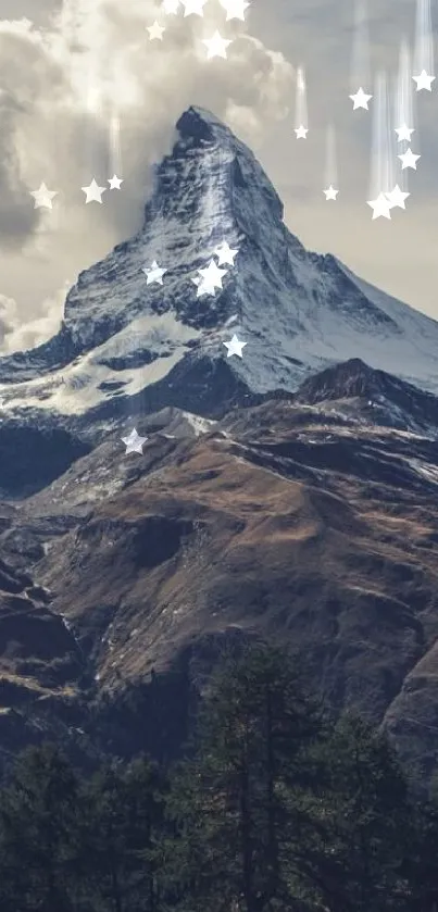 Majestic Alpine mountain peak with clouds overhead.